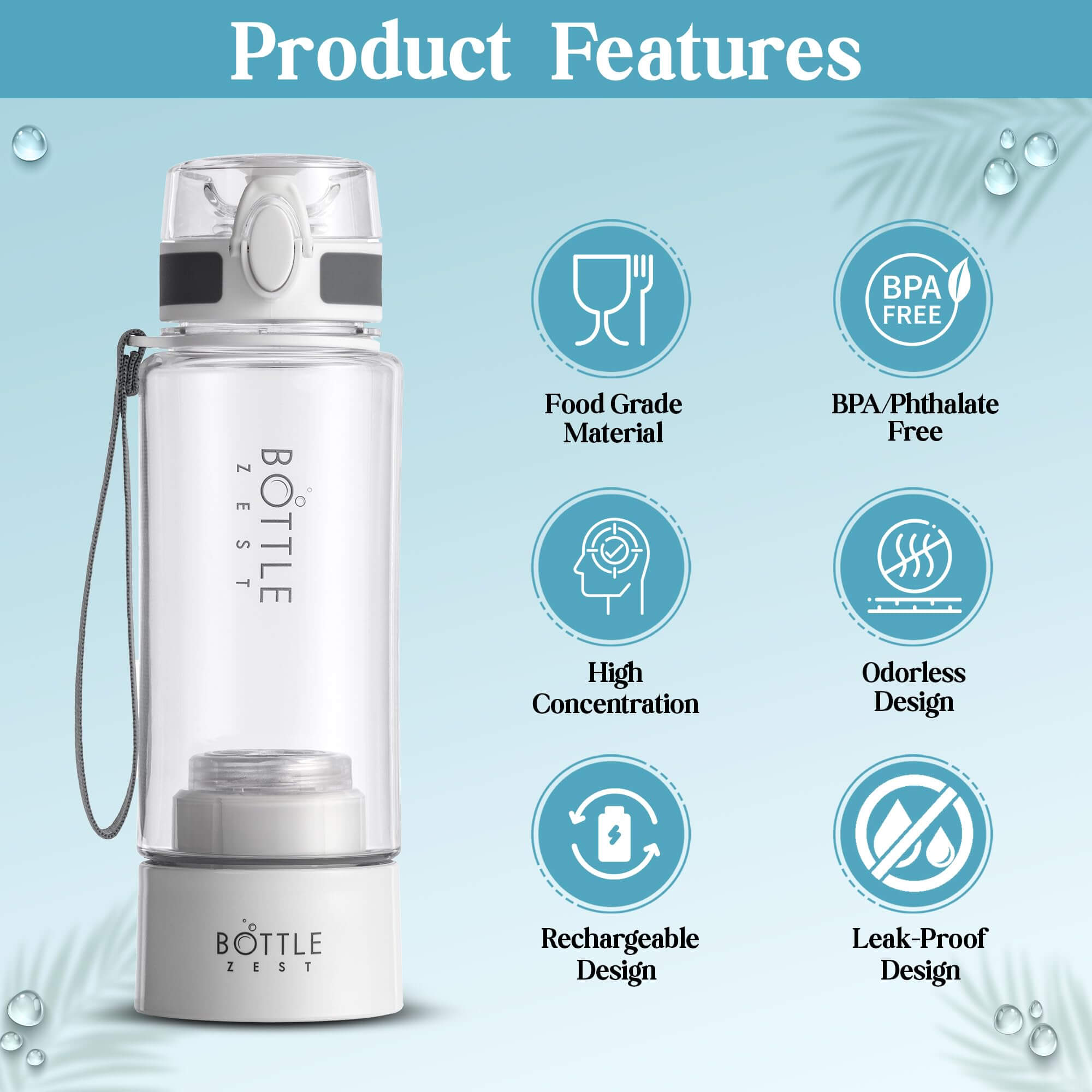 BOTTLE ZEST Hydrogen Water Bottle Generator 3-in-1